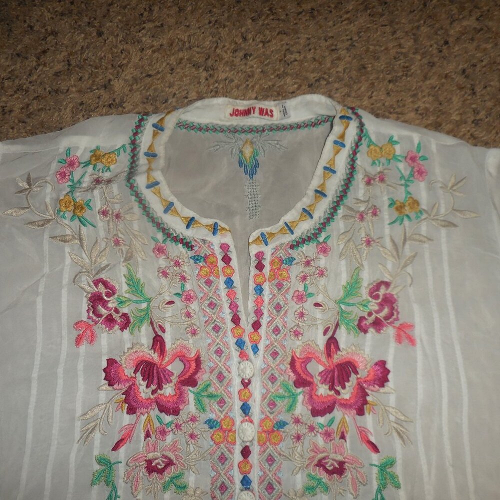 Johnny Was Light Gray Sheer Blouse Top L XL - Picture 2 of 2
